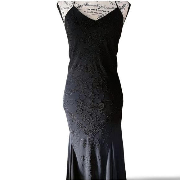 90s Black Slip Dress – Floral Beaded Maxi Evening Gown - Picture 8 of 8